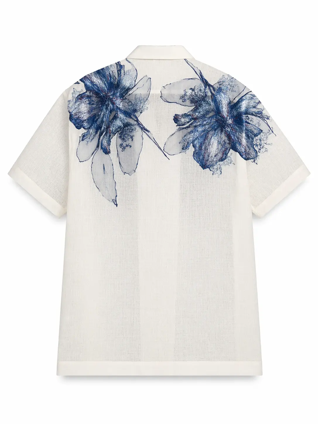 Back of the Richie Bondoc modern Barong showing blue floral detailing across the shoulders